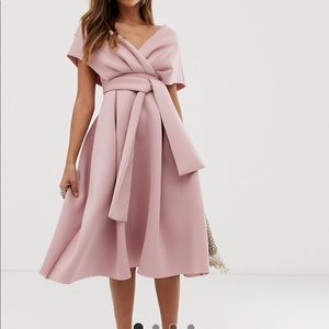 ASOS DESIGN fallen shoulder midi formal/semi-formal dress with tie detail